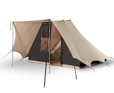 Piramidetent, dubbeldaks stokstent Bedouin 300 beige/antraciet, katoenen tent SHOWMODEL + set beige zijschermen